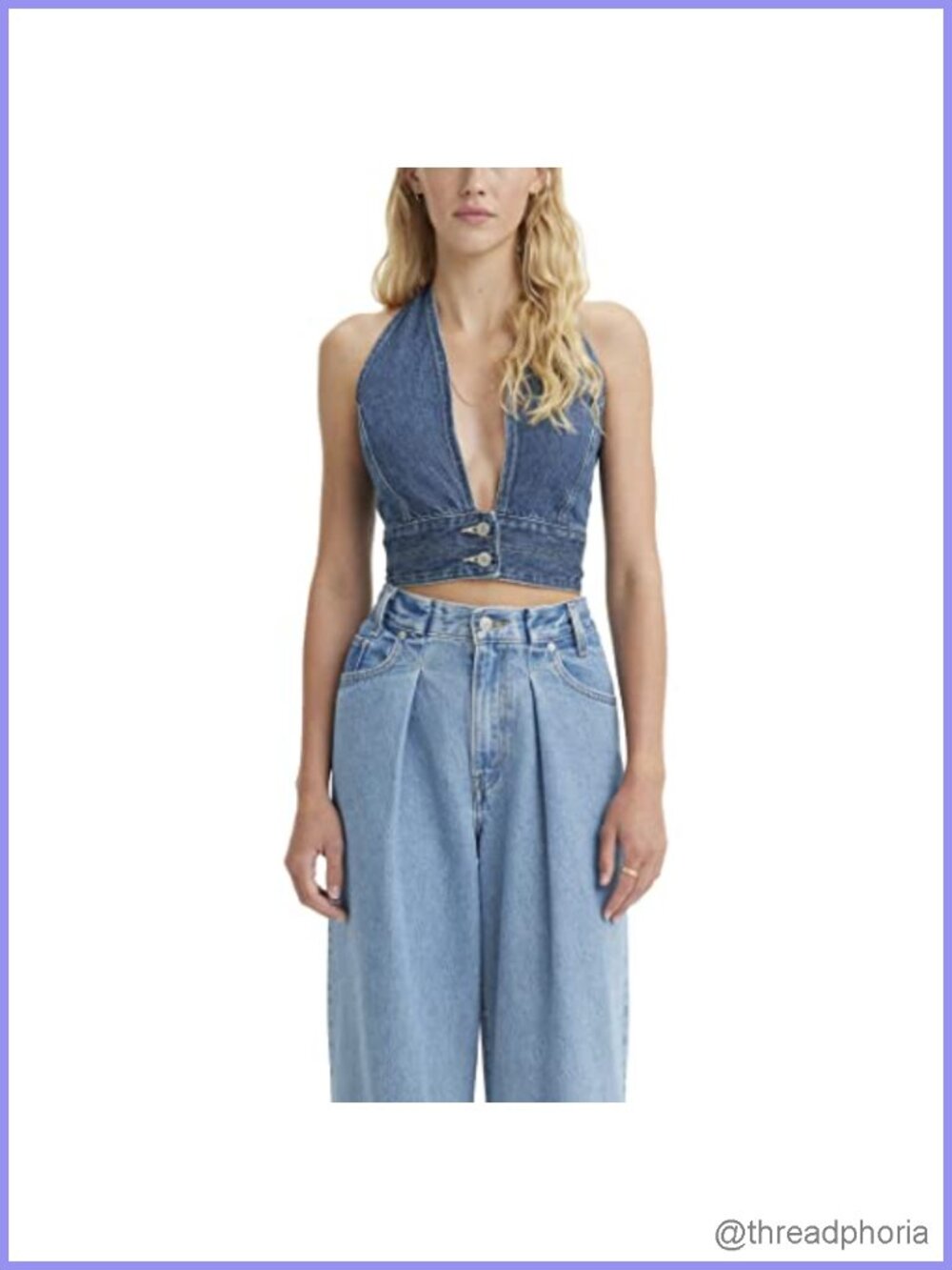 Denim Halter Crop Top Sleeveless Button Up Smocked Back Ruffled Hem